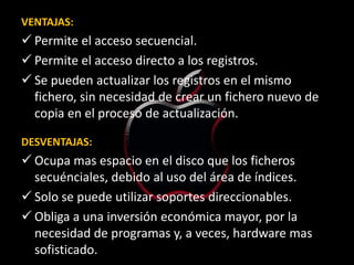 VENTAJAS:
 Permite el acceso secuencial.
 Permite el acceso directo a los registros.
 Se pueden actualizar los registros en el mismo
  fichero, sin necesidad de crear un fichero nuevo de
  copia en el proceso de actualización.

DESVENTAJAS:
 Ocupa mas espacio en el disco que los ficheros
  secuénciales, debido al uso del área de índices.
 Solo se puede utilizar soportes direccionables.
 Obliga a una inversión económica mayor, por la
  necesidad de programas y, a veces, hardware mas
  sofisticado.
 