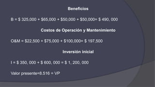Beneficios
B = $ 325,000 + $65,000 + $50,000 + $50,000= $ 490, 000
Costos de Operación y Mantenimiento
O&M = $22,500 + $75,000 + $100,000= $ 197,500
Inversión inicial
I = $ 350, 000 + $ 600, 000 = $ 1, 200, 000
Valor presente=8.516 = VP
 