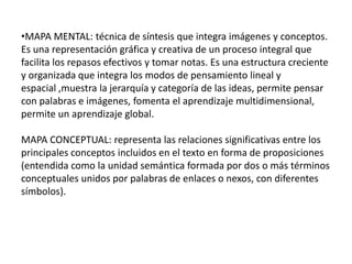 •MAPA MENTAL: técnica de síntesis que integra imágenes y conceptos.
Es una representación gráfica y creativa de un proceso integral que
facilita los repasos efectivos y tomar notas. Es una estructura creciente
y organizada que integra los modos de pensamiento lineal y
espacial ,muestra la jerarquía y categoría de las ideas, permite pensar
con palabras e imágenes, fomenta el aprendizaje multidimensional,
permite un aprendizaje global.

MAPA CONCEPTUAL: representa las relaciones significativas entre los
principales conceptos incluidos en el texto en forma de proposiciones
(entendida como la unidad semántica formada por dos o más términos
conceptuales unidos por palabras de enlaces o nexos, con diferentes
símbolos).
 