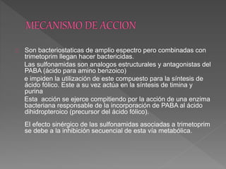 Son bacteriostaticas de amplio espectro pero combinadas con
trimetoprim llegan hacer bactericidas.
Las sulfonamidas son analogos estructurales y antagonistas del
PABA (ácido para amino benzoico)
e impiden la utilización de este compuesto para la síntesis de
ácido fólico. Este a su vez actúa en la síntesis de timina y
purina
Esta acción se ejerce compitiendo por la acción de una enzima
bacteriana responsable de la incorporación de PABA al ácido
dihidropteroico (precursor del ácido fólico).
El efecto sinérgico de las sulfonamidas asociadas a trimetoprim
se debe a la inhibición secuencial de esta vía metabólica.
 
