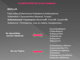 MEZCLAS:
Triple sulfas (Sulfameracina+Sulfadiacina+Sulfametacina)
Sulfametizol + Fenazopiridina (Bacteval; Turopol)
Sulfametoxazol + trimetoprim (Bactrimel®, Fortum®, Cosultrim®)
Sulfadoxina + Pirimetamina. (Uso en malaria, toxoplasmosis)
No absorbibles
(acción intestinal)
Succinilsulfatiazol
Ftalilsulfatiazol
Sulfaguanidina
Sulfasalacina
Sulfaguanol
Salazopirina
De uso Tópico
Sulfacetamida oftálmica
(Isoptocetamida15%)
Sulfadiacina argéntica
(Silvadene)
Sulfasalacina (Azulfidine)
Sulfamilón (Mafénido)
 