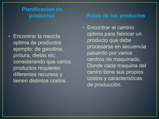 Planificación de 
productos 
• Encontrar la mezcla 
optima de productos 
ejemplo: de gasolina, 
pintura, dietas etc. 
considerando que varios 
productos requieren 
diferentes recursos y 
tienen distintos costos. 
Rutas de los productos 
• Encontrar el camino 
optimo para fabricar un 
producto que debe 
procesarse en secuencia 
pasando por varios 
centros de maquinado. 
Donde cada maquina del 
centro tiene sus propios 
costos y características 
de producción. 
 