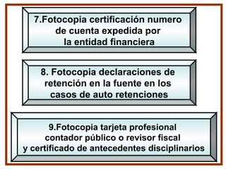 9.Fotocopia tarjeta profesional
contador público o revisor fiscal
y certificado de antecedentes disciplinarios
7.Fotocopia certificación numero
de cuenta expedida por
la entidad financiera
8. Fotocopia declaraciones de
retención en la fuente en los
casos de auto retenciones
 