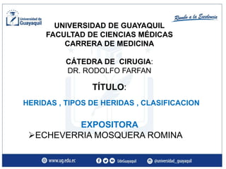 TÍTULO:
HERIDAS , TIPOS DE HERIDAS , CLASIFICACION
EXPOSITORA
ECHEVERRIA MOSQUERA ROMINA
UNIVERSIDAD DE GUAYAQUIL
FACULTAD DE CIENCIAS MÉDICAS
CARRERA DE MEDICINA
CÁTEDRA DE CIRUGIA:
DR. RODOLFO FARFAN
 