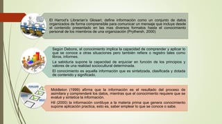 El Harrod’s Librarían’s Glosari; define información como un conjunto de datos 
organizados de forma comprensible para comunicar un mensaje que incluye desde 
el contenido presentado en las mas diversos formatos hasta el conocimiento 
personal de los miembros de una organización (Prythersh, 2000) 
Según Debons, el conocimiento implica la capacidad de comprender y aplicar lo 
que se conoce a otras situaciones pero también refiere o registro tales como 
libros, informes. 
La sabiduría supone la capacidad de enjuiciar en función de los principios y 
valores de una realidad sociocultural determinada. 
El conocimiento es aquella información que es sintetizada, clasificada y dotada 
de contenido y significado. 
Middleton (1999) afirma que la información es el resultado del proceso de 
asimilara y comprenderé los datos, mientras que el conocimiento requiere que se 
evalué y sintetice la información. 
Hil (2000) la información contituye a la materia prima que genera conocimiento 
supone aplicación practica, esto es, saber emplear lo que se conoce o sabe. 
 