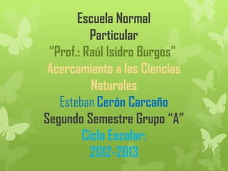 Escuela Normal
           Particular
 “Prof.: Raúl Isidro Burgos”
 Acercamiento a las Ciencias
           Naturales
   Esteban Cerón Carcaño
Segundo Semestre Grupo “A”
         Ciclo Escolar:
          2012-2013
 