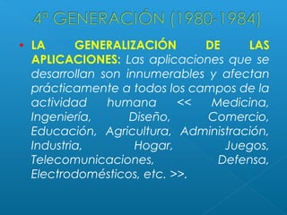 •

LA
GENERALIZACIÓN
DE
LAS
APLICACIONES: Las aplicaciones que se
desarrollan son innumerables y afectan
prácticamente a todos los campos de la
actividad
humana
<<
Medicina,
Ingeniería,
Diseño,
Comercio,
Educación, Agricultura, Administración,
Industria,
Hogar,
Juegos,
Telecomunicaciones,
Defensa,
Electrodomésticos, etc. >>.

 