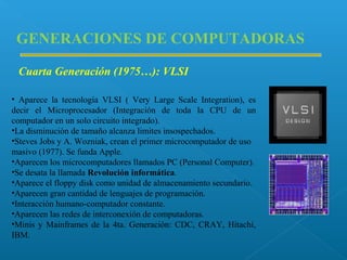 GENERACIONES DE COMPUTADORAS
Cuarta Generación (1975…): VLSI
• Aparece la tecnología VLSI ( Very Large Scale Integration), es
decir el Microprocesador (Integración de toda la CPU de un
computador en un solo circuito integrado).
•La disminución de tamaño alcanza limites insospechados.
•Steves Jobs y A. Wozniak, crean el primer microcomputador de uso
masivo (1977). Se funda Apple.
•Aparecen los microcomputadores llamados PC (Personal Computer).
•Se desata la llamada Revolución informática.
•Aparece el floppy disk como unidad de almacenamiento secundario.
•Aparecen gran cantidad de lenguajes de programación.
•Interacción humano-computador constante.
•Aparecen las redes de interconexión de computadoras.
•Minis y Mainframes de la 4ta. Generación: CDC, CRAY, Hitachi,
IBM.

 