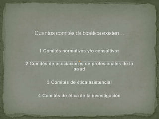 1 Comités normativos y/o consultivos
2 Comités de asociaciones de profesionales de la
salud
3 Comités de ética asistencial
4 Comités de ética de la investigación
 