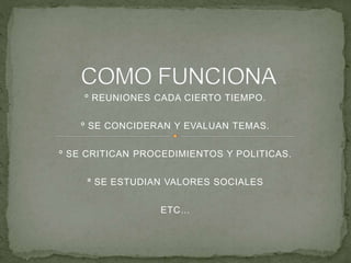 º REUNIONES CADA CIERTO TIEMPO.
º SE CONCIDERAN Y EVALUAN TEMAS.
º SE CRITICAN PROCEDIMIENTOS Y POLITICAS.
ª SE ESTUDIAN VALORES SOCIALES
ETC…
 
