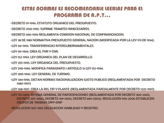 ESTAS NORMAS ES RECOMENDABLE LEERLAS PARA EL
PROGRAMA DE A.P.T…
-DECRETO 111-1996. ESTATUTO ORGANICO DEL PRESUPUESTO.
-DECRETO 2150-1995. SUPRIME TRAMITES INNECESARIOS.
-DECRETO 606-1996 REGLAMENTA COMISION NACIONAL DE CONFINANCIACION.
-LEY 38 DE 1989 NORMATIVA PRESUPUESTO GENERAL NACION (MODIFICADA POR LA LEY 179 DE 1994).
-LEY 60-1993. TRANSFERENCIAS INTERGUBERNAMENTALES.
-LEY 141-1994. CREA EL FNR Y CNR.
-LEY 152-1994. LEY ORGANICA DEL PLAN DE DESARROLLO.
-LEY 255-1995. LEY ORGANICA DEL PRESUPUESTO.
-LEY 290-1996. MODIFICA PARAGRAFO 1 ARTICULO 51 LEY 152-1994.
-LEY 300-1996. LEY GENERAL DE TURISMO.
-LEY 344-1996. DICTAN NORMAS RACIONALIZACION GASTO PUBLICO (REGLAMENTADA POR DECRETO
1080-1997)
-LEY 368-1997. CREA LA RSS, FIP Y PLANTE (REGLAMENTADA PARCIALMENTE POR DECRETO 1225-1997).
-LEY 715-2001. SISTEMA GENERAL DE PARTICIPACIONES (REGLAMENTADA POR DECRETO 300-2002,
DECRETO 457-2002, DECRETO 159-2002, DECRETO 849-2002). RESOLUCION 996-2000 ESTABLECEN
GRUPOS DE TRABAJO DIFP-DNP
-RESOLUCION 3127-1992 DELEGACION VIABILIDAD Y REGISTRO.
 