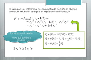 En la región I, el valor inicial del parámetro de decisión se obtiene
al evaluar la función de elipse en la posición del inicio (0,ry)




 Trabajamos en la región
            1
   hasta que cumpla la
        condición
 