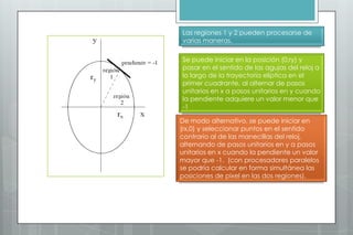 Las regiones 1 y 2 pueden procesarse de
varias maneras.

Se puede iniciar en la posición (0,ry) y
pasar en el sentido de las agujas del reloj a
lo largo de la trayectoria elíptica en el
primer cuadrante, al alternar de pasos
unitarios en x a pasos unitarios en y cuando
la pendiente adquiere un valor menor que
-1

De modo alternativo, se puede iniciar en
(rx,0) y seleccionar puntos en el sentido
contrario al de las manecillas del reloj,
alternando de pasos unitarios en y a pasos
unitarios en x cuando la pendiente un valor
mayor que -1. (con procesadores paralelos
se podría calcular en forma simultánea las
posiciones de pixel en las dos regiones).
 