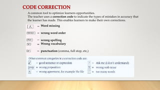 Word missing
wrong word order
wrong spelling
Wrong vocabulary
punctuation (comma, full stop, etc,)
A common tool to optimize learners opportunities.
The teacher uses a correction code to indicate the types of mistakes in accuracy that
the learner has made. This enables learners to make their own corrections.
 