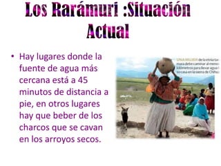 • Hay lugares donde la
  fuente de agua más
  cercana está a 45
  minutos de distancia a
  pie, en otros lugares
  hay que beber de los
  charcos que se cavan
  en los arroyos secos.
 