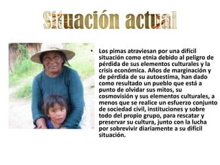 • Los pimas atraviesan por una difícil
  situación como etnia debido al peligro de
  pérdida de sus elementos culturales y la
  crisis económica. Años de marginación y
  de pérdida de su autoestima, han dado
  como resultado un pueblo que está a
  punto de olvidar sus mitos, su
  cosmovisión y sus elementos culturales, a
  menos que se realice un esfuerzo conjunto
  de sociedad civil, instituciones y sobre
  todo del propio grupo, para rescatar y
  preservar su cultura, junto con la lucha
  por sobrevivir diariamente a su difícil
  situación.
 