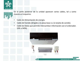 En la parte posterior de la unidad aparecen varios cables, tal y como
muestra el esquema:

•   Cable de Alimentación de energía.
•   Cable del Sonido (dirigido a la placa base o a la tarjeta de sonido).
•   Cable de Datos que permite intercambiar información con el ordenador.
    (IDE o SATA).
 