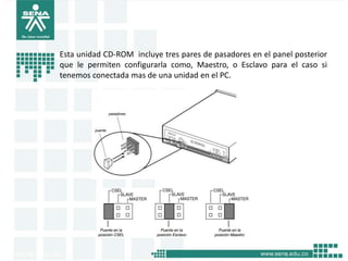 Esta unidad CD-ROM incluye tres pares de pasadores en el panel posterior
que le permiten configurarla como, Maestro, o Esclavo para el caso si
tenemos conectada mas de una unidad en el PC.
 