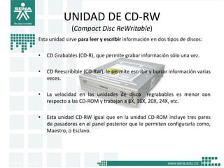 UNIDAD DE CD-RW
              (Compact Disc ReWritable)
Esta unidad sirve para leer y escribir información en dos tipos de discos:

•   CD Grabables (CD-R), que permite grabar información sólo una vez.

•   CD Reescribible (CD-RW), le permite escribir y borrar información varias
    veces.

•   La velocidad en las unidades de disco regrabables es menor con
    respecto a las CD-ROM y trabajan a 8X, 16X, 20X, 24X, etc.

•   Esta unidad CD-RW igual que en la unidad CD-ROM incluye tres pares
    de pasadores en el panel posterior que le permiten configurarla como,
    Maestro, o Esclavo.
 
