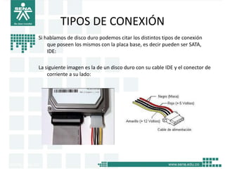 TIPOS DE CONEXIÓN
Si hablamos de disco duro podemos citar los distintos tipos de conexión
    que poseen los mismos con la placa base, es decir pueden ser SATA,
    IDE:

La siguiente imagen es la de un disco duro con su cable IDE y el conector de
    corriente a su lado:
 