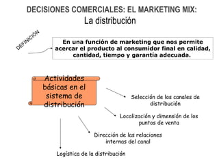 En una función de marketing que nos permite acercar el producto al consumidor final en calidad, cantidad, tiempo y garantía adecuada.  DEFINICIÓN  Actividades básicas en el sistema de distribución Localización y dimensión de los puntos de venta Dirección de las relaciones internas del canal Logística de la distribución Selección de los canales de distribución DECISIONES COMERCIALES: EL MARKETING MIX: La distribución   