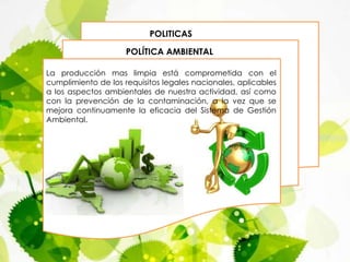 POLITICAS
POLÍTICA AMBIENTAL
La producción mas limpia está comprometida con el
cumplimiento de los requisitos legales nacionales, aplicables
a los aspectos ambientales de nuestra actividad, así como
con la prevención de la contaminación, a la vez que se
mejora continuamente la eficacia del Sistema de Gestión
Ambiental.
 