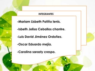 INTEGRANTES
-Mariam Lisbeth Patiño lenis.
-Isbeth Jelisa Ceballos chantre.
-Luis David Jiménez Ordoñez.
-Oscar Eduardo mejía.
-Carolina sarasty crespo.
 
