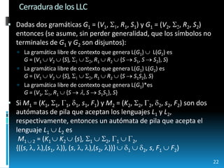 Cerradura de los LLCDadas dos gramáticas G1 = (V1, S1, R1, S1) y G1 = (V2, S2, R2, S2) entonces (se asume, sin perder generalidad, que los símbolos no terminales de G1 y G2 son disjuntos):La gramática libre de contexto que genera L(G1)   L(G2) esG = (V1 V2 {S},S1S2, R1R2 {SS1, SS2}, S)La gramática libre de contexto que genera L(G1) L(G2) esG = (V1 V2 {S},S1S2, R1R2 {SS1S2}, S)La gramática libre de contexto que genera L(G1)*esG = (V1,S1, R1 {S, SS1S1}, S}Si M1 = (K1, 1, 1, 1, s1, F1) y M2 = (K2, 2, 2, 2, s2, F2) son dos autómatas de pila que aceptan los lenguajes L1 y L2, respectivamente, entonces un autómata de pila que acepta el lenguaje L1 L2 esM1  2 = (K1 K2  {s},1  2, 1  2,{((s, , ),(s1, )), (s, , ),(s2, ))}  1  2, s, F1  F2) 22
