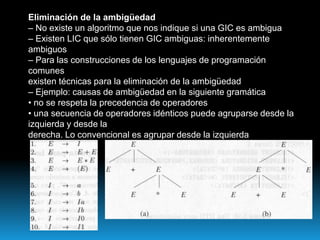 Eliminación de la ambigüedad– No existe un algoritmo que nos indique si una GIC es ambigua– Existen LIC que sólo tienen GIC ambiguas: inherentemente ambiguos– Para las construcciones de los lenguajes de programación comunesexisten técnicas para la eliminación de la ambigüedad– Ejemplo: causas de ambigüedad en la siguiente gramática• no se respeta la precedencia de operadores• una secuencia de operadores idénticos puede agruparse desde la izquierda y desde laderecha. Lo convencional es agrupar desde la izquierda