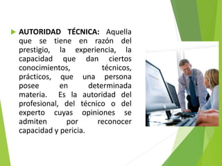  AUTORIDAD TÉCNICA: Aquella
que se tiene en razón del
prestigio, la experiencia, la
capacidad que dan ciertos
conocimientos, técnicos,
prácticos, que una persona
posee en determinada
materia. Es la autoridad del
profesional, del técnico o del
experto cuyas opiniones se
admiten por reconocer
capacidad y pericia.
 