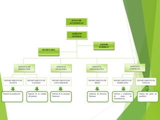 GERENTE
GENERAL
GERENCIA
COMERCIAL
GERENCIA
ADINISTRATIVA
GERENCIA
FINANCIERA
GERENCIA DE
PRODUCCIÓN
DEPARTAMENTO DE
PLANTA
DEPARTAMENTO DE
MARKETING
DEPARTAMENTO DE
CONTABILIDAD
DEPARTAMENTO DE
RRHH
DEPARTAMENTO DE
VENTAS
DEPARTAMENTO DE
CALIDAD
ASESOR
JURÍDICO
SECRETARIA
JUNTA DE
ACCIONISTAS
Reporte de producción. Reporte de la calidad
del palmito.
Informe de la situación
financiera.
Auditoria de Recursos
Humanos
Informe y estadísticas
de metas de
mercadotecnia.
Gráfica del punto de
equilibrio
 