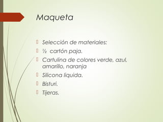 Maqueta
 Selección de materiales:
 ½ cartón paja.
 Cartulina de colores verde, azul,
amarillo, naranja
 Silicona liquida.
 Bisturi.
 Tijeras.
 