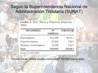 Según la Superintendencia Nacional de Administración Tributaria (SUNAT) Características: ventas anuales menores a 2´720,000 nuevos soles  