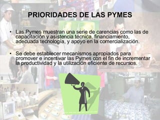PRIORIDADES DE LAS PYMES Las Pymes muestran una serie de carencias como las de capacitación y asistencia técnica, financiamiento, adecuada tecnología, y apoyo en la comercialización. Se debe establecer mecanismos apropiados para promover e incentivar las Pymes con el fin de incrementar la productividad y la utilización eficiente de recursos.  
