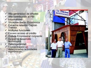 Alta generación de empleo Alta contribución al PBI Informalidad Situación Socio- Económica Estrecha relación Capital-Trabajo Múltiples funciones Escaso acceso al crédito Cultura Empresarial incipiente Incipiente desarrollo tecnológico Heterogeneidad Concentración en determinadas actividades económicas 