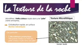 La Texture de la roche 
Microlithes : Petits cristaux noyés dans une "pâte" Texture Microlithique 
(verre amorphe). 
Cristallisation rapide, en surface 
Roches volcaniques 
Cas particulier : 
• T. Microlithique porphyrique : 
Très grands cristaux sur fond de 
petits cristaux noyés dans une pâte" 
Exemple : Basalte 
 