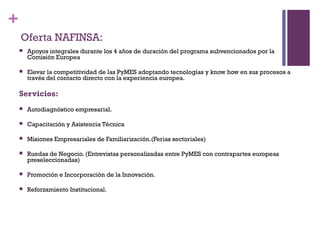 +
    Oferta NAFINSA:
       Apoyos integrales durante los 4 años de duración del programa subvencionados por la
        Comisión Europea

       Elevar la competitividad de las PyMES adoptando tecnologías y know how en sus procesos a
        través del contacto directo con la experiencia europea.

    Servicios:
       Autodiagnóstico empresarial.

       Capacitación y Asistencia Técnica 

       Misiones Empresariales de Familiarización.(Ferias sectoriales)

       Ruedas de Negocio. (Entrevistas personalizadas entre PyMES con contrapartes europeas
        preseleccionadas)

       Promoción e Incorporación de la Innovación.

       Reforzamiento Institucional.
 