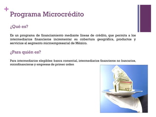+
    Programa Microcrédito 
    ¿Qué es?
    Es un programa de financiamiento mediante líneas de crédito, que permita a los
    intermediarios financieros incrementar su cobertura geográfica, productos y
    servicios al segmento microempresarial de México.

    ¿Para quién es?
    Para intermediarios elegibles: banca comercial, intermediarios financieros no bancarios,
    microfinancieras y empresas de primer orden
 
