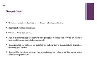 +
    Requisitos:


       Un año de antigüedad como proveedor de cadenas productivas.

       Buenas referencias crediticias.

       Situación financiera sana.

       Aval del principal socio accionista para personas morales o un tercero en caso de
        persona física con actividad empresarial.

       Comprometer en factoraje las cuentas por cobrar con el intermediario financiero
        que otorga el crédito.

       Aprobación del financiamiento, de acuerdo con las políticas de las instituciones
        financieras que evalúen.
 