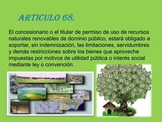 CAPÍTULO I “RESTRICCIONES , LIMITACIONES Y SERVIDUMBRE”ARTICULO 67.De oficio o a petición de cualquier particular interesado, se impondrá limitación de dominio o servidumbre sobre inmueble de propiedad privada, cuando lo impongan la utilidad pública o el interés social por razón del uso colectivo o individual de un recurso