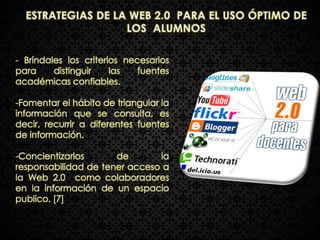 - Bríndales los criterios necesarios
para     distinguir    las   fuentes
académicas confiables.

-Fomentar el hábito de triangular la
información que se consulta, es
decir, recurrir a diferentes fuentes
de información.

-Concientizarlos      de       la
responsabilidad de tener acceso a
la Web 2.0 como colaboradores
en la información de un espacio
publico. [7]
 