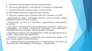 7. Motivación para aprender (intereses y preferencias)
8. Formas de socialización e interrelación con adultos y compañeros.
9. Características del Contexto escolar y socio-familiar
10. Necesidades Educativas Especiales que presenta.
11. Recursos o apoyos que se requieren para dar respuesta a las NEE
• Modalidades de apoyo ( actividades escolares, aula de recursos, apoyos
complementarios o extracurriculares)
• Profesionales, técnicos y/o materiales, arquitectónicos (adecuaciones
de acceso)
• Curriculares. (adecuaciones a los elementos del currículo). Ajustes a la
metodología, a las formas y criterios de evaluación, a los contenidos o
propósitos diferentes al grupo, tipo de ayudas en el grupo.
• Organizativos (Niveles de responsabilidad, formas de Organización de la
escuela, responsables del seguimiento)
• Familiares. Compromisos y orientación que recibirá para apoyar a su
hijo y buscar apoyos complementarios.
12. Establecimiento de acuerdos para el Seguimiento y las fechas de
evaluación de la PCA Posibles criterios para su promoción.
 