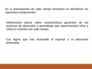 En la presentación de cada campo formativo se identifican los
siguientes componentes:
Información básica sobre características generales de los
procesos de desarrollo y aprendizaje que experimentan niñas y
niños en relación con cada campo.
Los logros que han alcanzado al ingresar a la educación
preescolar.
 