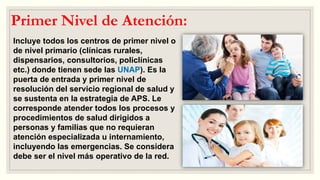 Primer Nivel de Atención:
Incluye todos los centros de primer nivel o
de nivel primario (clínicas rurales,
dispensarios, consultorios, policlínicas
etc.) donde tienen sede las UNAP). Es la
puerta de entrada y primer nivel de
resolución del servicio regional de salud y
se sustenta en la estrategia de APS. Le
corresponde atender todos los procesos y
procedimientos de salud dirigidos a
personas y familias que no requieran
atención especializada u internamiento,
incluyendo las emergencias. Se considera
debe ser el nivel más operativo de la red.
 