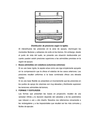 Distribución de presiones según la rigidez. 
Al intensificarse las presiones en la zona de apoyos, disminuyen los 
momentos flectores y esfuerzos de corte en los tramos. Sin embargo, desde 
el punto de vista del suelo, se presenta una situación desfavorable por 
cuanto pueden existir presiones superiores a las admisibles previstas en la 
región de apoyos 
 Bases admisibles sin voladizos (columnas extremas) 
Si es una base rigida, la zapata actua como una viga simplemente apoyada 
sin la compensación que le ofrece el voladizo de los casos anteriores. Las 
presiones resultan uniformes si la base combinada ofrece una elevada 
rigidez. 
Si es una base flexible se presentara un inconveniente que las presiones en 
los puntos de apoyo de columnas son muy elevadas y fácilmente superaran 
las tensiones admisibles del terreno. 
9. FORMAS Y ESFEURZOS 
Las formas que presentan las bases en proyección, resultan de una 
variedad infinita y la decisión depende del calculista y de los parámetros 
que inducen a uno u otro diseño. Nosotros nos referiremos únicamente a 
las rectangulares y a las trapezoidales que resultan ser las más comunes y 
fáciles de ejecutar. 
 