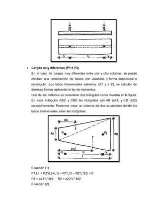  Cargas muy diferentes (P1 ≠ P2) 
En el caso de cargas muy diferentes entre una y otra columna, se puede 
efectuar una combinación de bases con voladizos y forma trapezoidal o 
rectangular. Los lados transversales extremos a21 y a 22, se calculan de 
diversas formas aplicando la ley de momentos. 
Uno de los métodos es considerar dos triángulos como muestra en la figura. 
En esos triángulos ABC y CBD las incógnitas son AB (a21) y CD (a22) 
respectivamente. Podemos crear un sistema de dos ecuaciones donde los 
lados transversales sean las incógnitas: 
Ecuación (1): 
P1.L1 + P2*(L2+L1) – R1*L/3 – R2*L*2/3 = 0 
R1 = a21*L*δt/2 R2 = a22*L* δt/2 
Ecuación (2): 
 