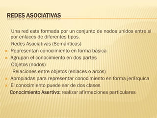 REDES ASOCIATIVAS
Una red esta formada por un conjunto de nodos unidos entre si
por enlaces de diferentes tipos.
Redes Asociativas (Semánticas)
 Representan conocimiento en forma básica
 Agrupan el conocimiento en dos partes
Objetos (nodos)
Relaciones entre objetos (enlaces o arcos)
 Apropiadas para representar conocimiento en forma jerárquica
 El conocimiento puede ser de dos clases
Conocimiento Asertivo: realizar afirmaciones particulares
 