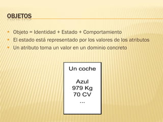 OBJETOS
 Objeto = Identidad + Estado + Comportamiento
 El estado está representado por los valores de los atributos
 Un atributo toma un valor en un dominio concreto
Un coche
Azul
979 Kg
70 CV
...
 