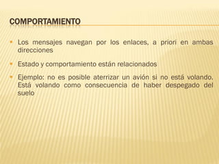 COMPORTAMIENTO
 Los mensajes navegan por los enlaces, a priori en ambas
direcciones
 Estado y comportamiento están relacionados
 Ejemplo: no es posible aterrizar un avión si no está volando.
Está volando como consecuencia de haber despegado del
suelo
 