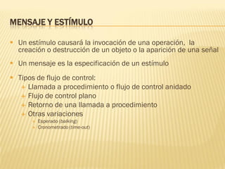 MENSAJE Y ESTÍMULO
 Un estímulo causará la invocación de una operación, la
creación o destrucción de un objeto o la aparición de una señal
 Un mensaje es la especificación de un estímulo
 Tipos de flujo de control:
 Llamada a procedimiento o flujo de control anidado
 Flujo de control plano
 Retorno de una llamada a procedimiento
 Otras variaciones
 Esperado (balking)
 Cronometrado (time-out)
 